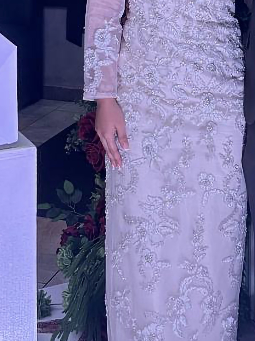 Embellished Long-Sleeve Ivory Lace Gown
